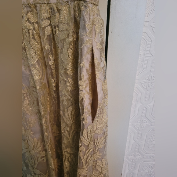 Adrianna Papell Floral Gold Lace Prom Maxi Dress - Picture 12 of 13